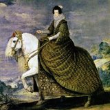Spain / France / Maghreb: Isabel of Bourbon is portrayed on an Andalusian horse. Oil on canvas painting by Diego Velazquez (1599-1660), c. 1635.<br/><br/>

Isabella of Bourbon / Elisabeth of France (1602-1644) was Queen Consort of Spain and Portugal, and was married to King Philip V of Spain. She briefly served as regent during the Catalan Revolt in 1640-1642, and once again in 1643-1644.<br/><br/>

The Andalusian horse was a crossbreed of the North African Barb and the Spanish horse, which was developed at the Umayyad court in Cordoba and was the preferred mount of many European royals.