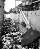 Vietnam refugees.  USS Montague lowers a ladder over the side to take refugees aboard.  Haiphong, August 1954. Public domain image by H.S. Hemphill.  (US Navy).
