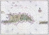 A 1639 nautical map of Hispaniola (center-left), the most populous island in the Americas, and Puerto Rico (right). The name originally given by Christopher Columbus, who founded the first European colonies in the New World here during his first two voyages, was La Isla Espanola (&quot;the Spanish island&quot;), which was shortened to Espanola and then Latinised to Hispaniola.